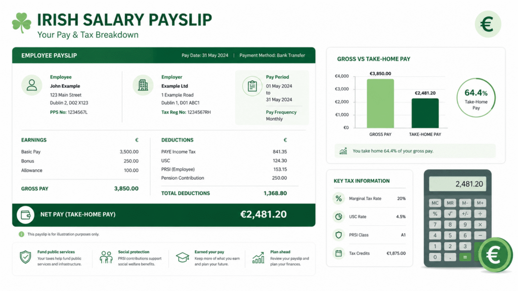 Irish salary payslip and tax breakdown illustration with euro symbols, calculator, and gross vs take-home pay chart in green minimalist finance style