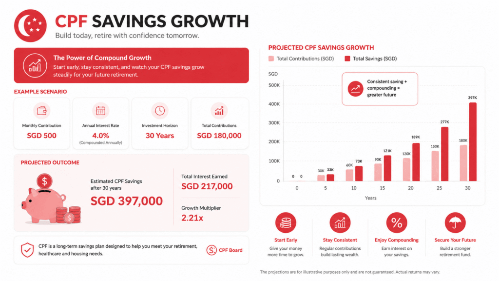 CPF OA savings growth chart showing SGD 397,000 projected savings after 30 years at 4% interest — Singapore 2026