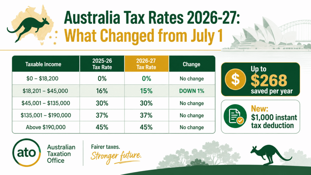 Australia 2026-27 income tax brackets showing 16% rate dropping to 15% from July 1 2026 saving up to $268 per year per ATO