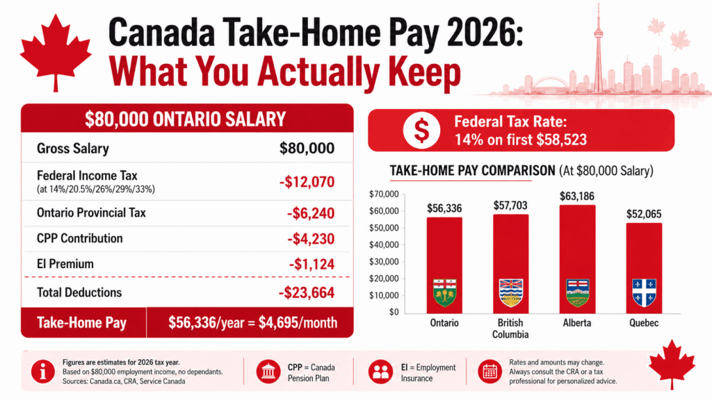 Canada 2026 take-home pay breakdown for $80,000 Ontario salary showing federal tax CPP EI and provincial comparison across Alberta BC Ontario Quebec
