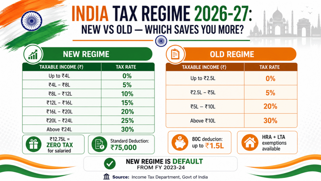India new vs old tax regime comparison 2026-27 showing new regime slabs 0% to 30% zero tax at 12.75 lakh for salaried and old regime deductions