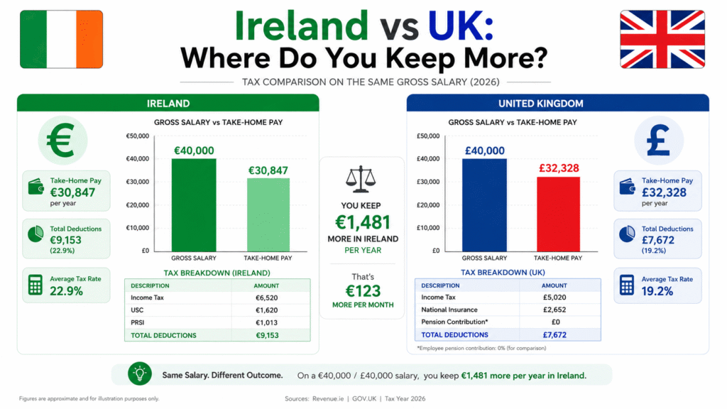 Ireland vs UK tax comparison 2026 showing take-home pay on €40,000 salary — Ireland keeps €1,481 more per year than UK