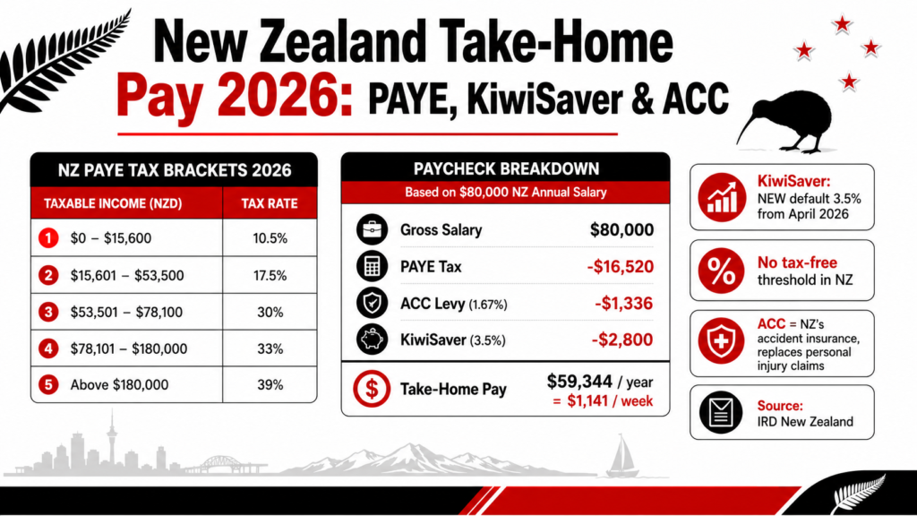 New Zealand 2026 take-home pay showing PAYE tax brackets from 10.5% to 39% with KiwiSaver 3.5% new default and ACC levy per IRD