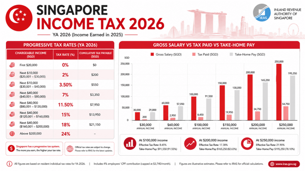 Singapore income tax rates YA 2026 showing progressive tax from 0% to 24% with gross salary vs take-home pay chart at different income levels