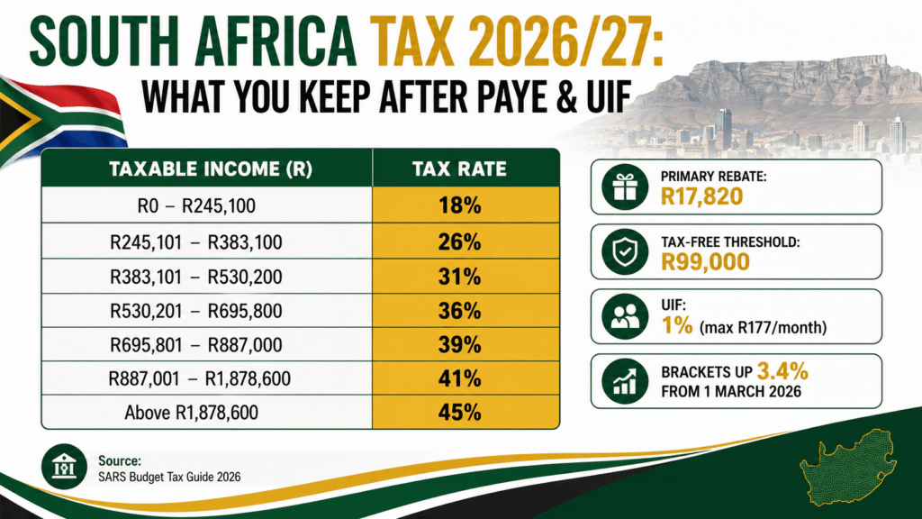 South Africa SARS 2026/27 income tax brackets showing 18% to 45% progressive rates with primary rebate R17,820 and tax-free threshold R99,000