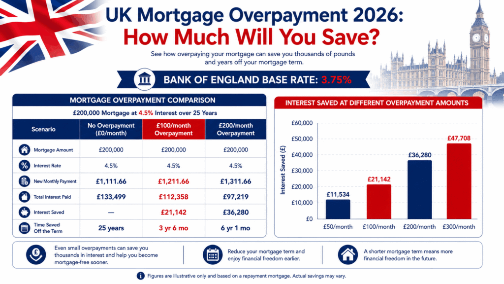 UK mortgage overpayment savings 2026 showing interest saved and years cut from mortgage term at different overpayment amounts at Bank of England base rate 3.75%