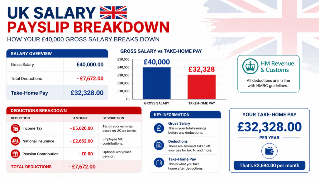 UK salary payslip breakdown showing £40,000 gross salary vs £32,328 take-home pay after income tax and National Insurance 2026/27