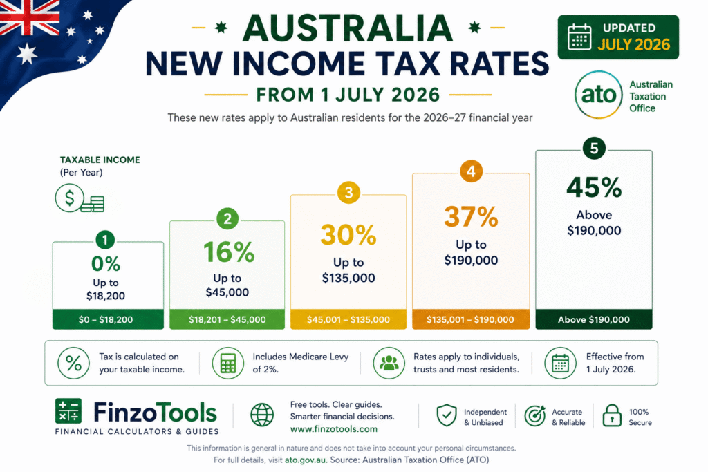 Australia New Tax Rates July 2026 — How Much More Will You Keep? Australia new income tax rates from 1 July 2026 — FinzoTools