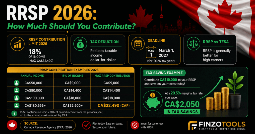 RRSP 2026 contribution limit CA$32,490 tax savings and deadline Canada infographic