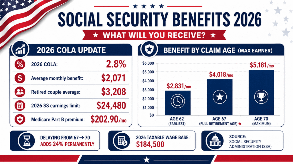 US Social Security 2026 showing 2.8% COLA average benefit $2,071 per month maximum benefit $5,181 at age 70 and earnings limit $24,480 per SSA