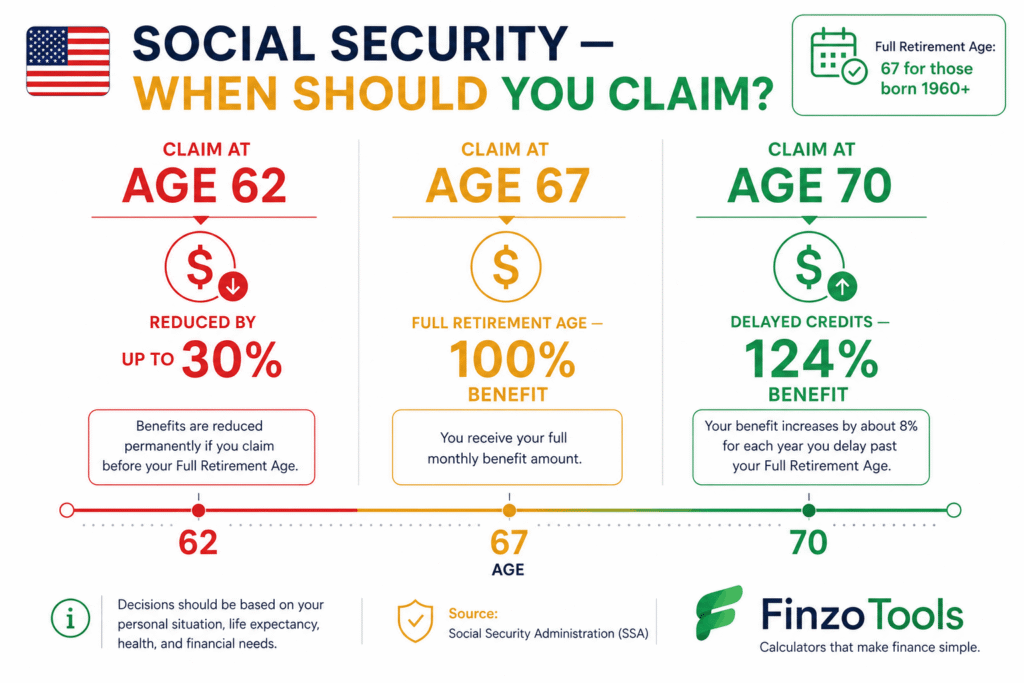 Social Security claiming ages — 62 reduced by 30%, 67 full benefit, 70 gets 124% with delayed credits — FinzoTools