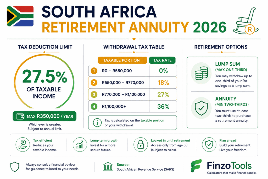 South Africa retirement annuity 2026 — 27.5% tax deduction capped at R350,000, withdrawal tax tiers and retirement options — FinzoTools
