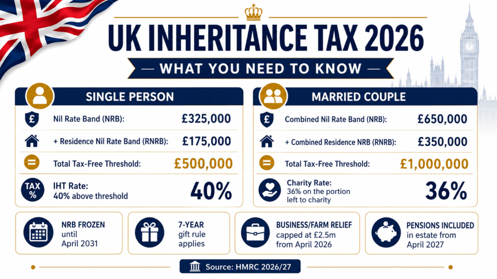 UK inheritance tax 2026 showing nil rate band £325,000 residence NRB £175,000 couples threshold £1 million and 40% IHT rate HMRC 2026/27
