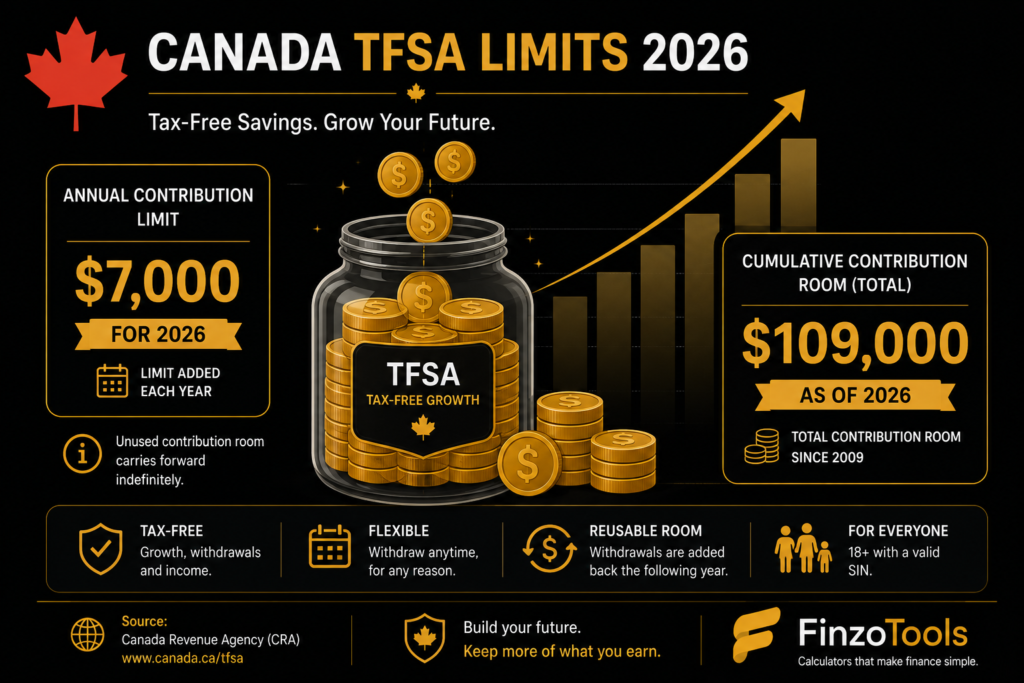 Illustration showing Canada TFSA 2026 contribution limit of $7,000 and cumulative room of $109,000