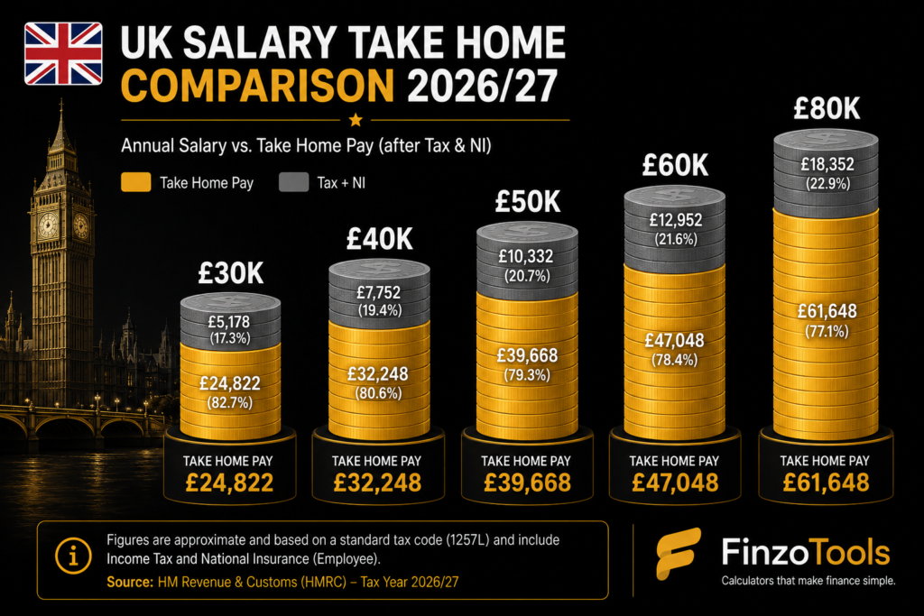 Illustration showing UK take home pay breakdown after tax and NI at five salary levels from 30K to 80K in 2026