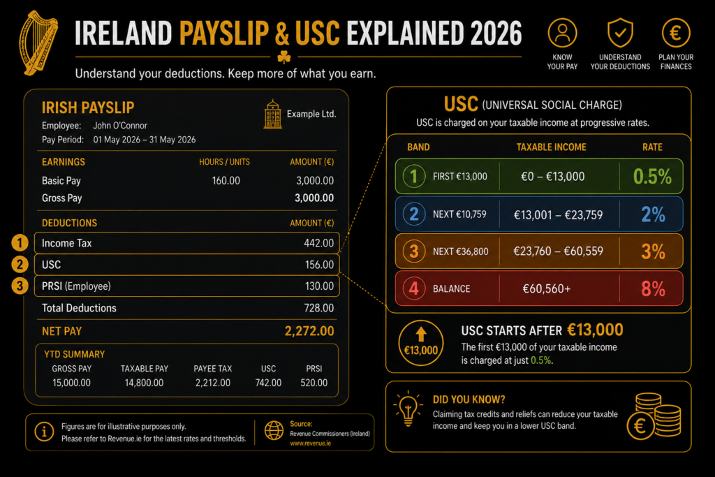 Illustration showing Ireland's four USC rate bands from 0.5% to 8% on a payslip for 2026