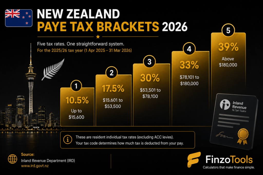 Illustration showing New Zealand's five progressive income tax brackets from 10.5% to 39% for the 2026 tax year