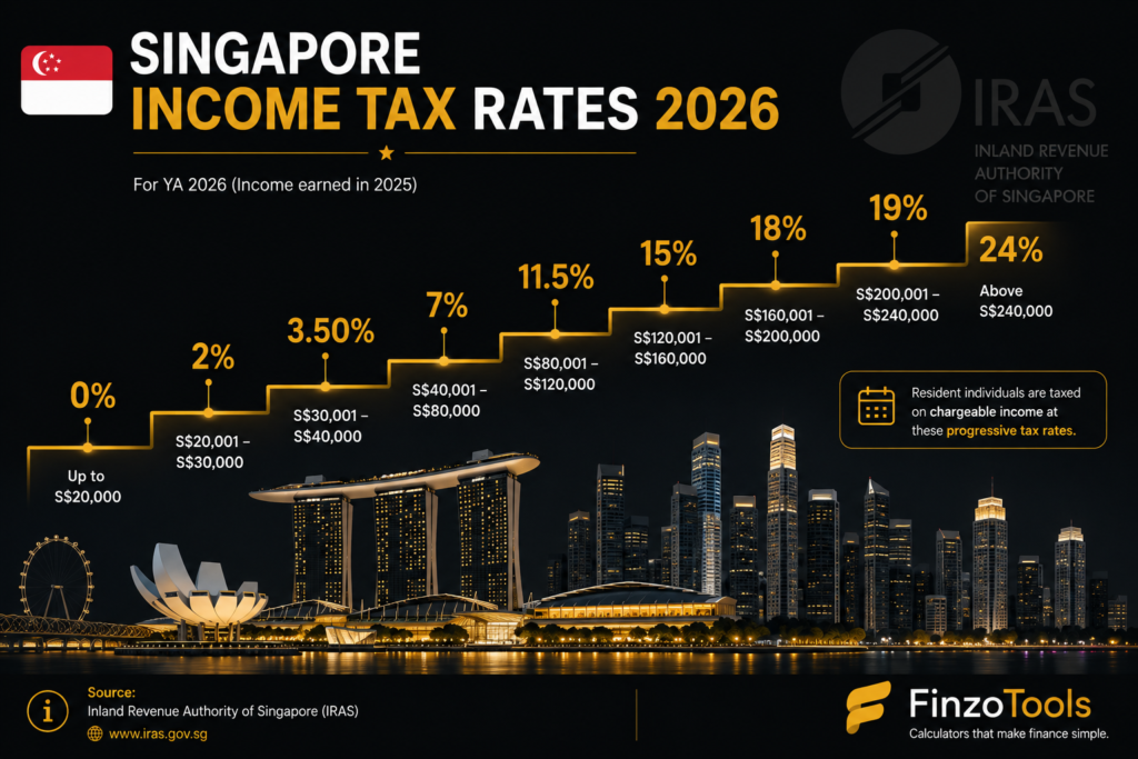 Illustration showing Singapore progressive income tax rates from 0% to 24% for Year of Assessment 2026