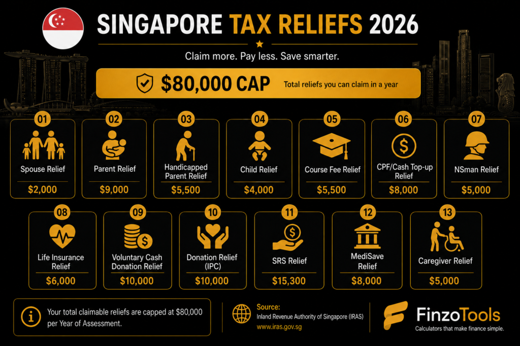 Illustration showing Singapore's 13 personal income tax reliefs with the $80,000 cap for YA 2026