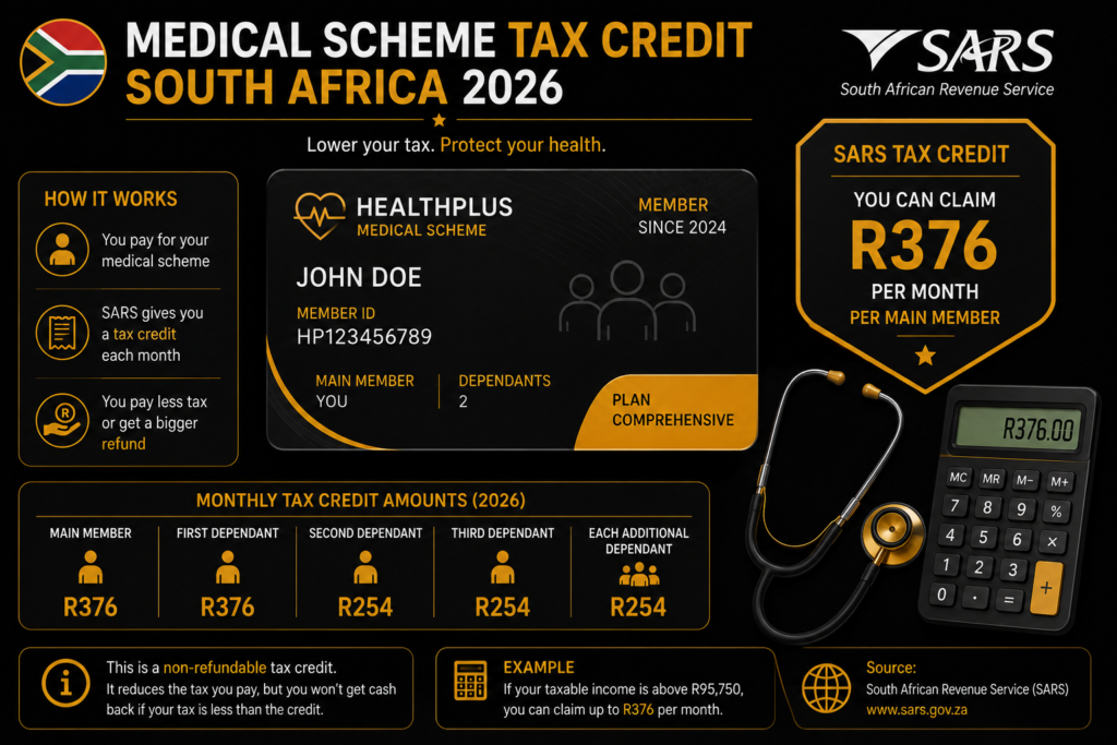 Illustration showing South Africa medical tax credits at R376 per month for MTC and AMTC rules for 2026/27