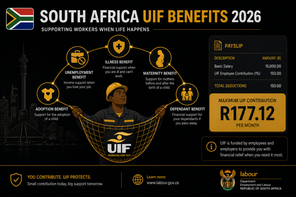 Illustration showing South Africa UIF five benefit types and contribution rates for 2026