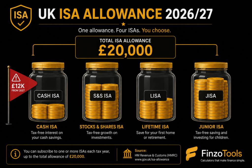 Illustration comparing UK ISA types showing Cash, Stocks and Shares, LISA and Junior ISA allowances for 2026/27